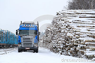 Blue Scania V8 Logging Truck at Snowy Railway Timber Yard