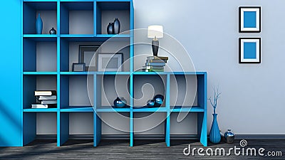 Blue shelf with vases, books and lamp