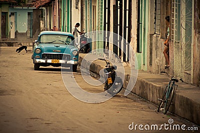 Blue vintage car on street in Havana Cuba