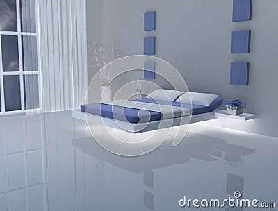 Blue and white bedroom, bed without legs