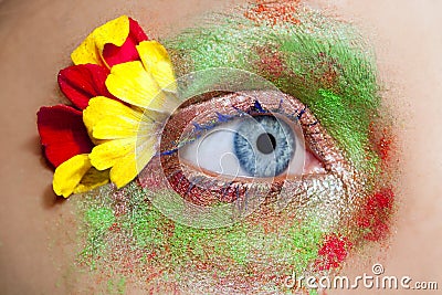 Blue woman eye makeup spring flowers metaphor