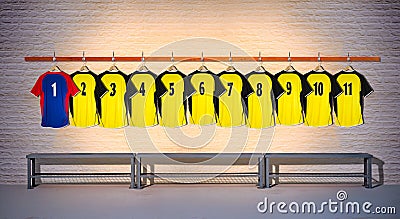 Blue and Yellow Row of Football Shirts 1-111