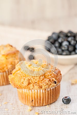 Blueberry Muffins with Crumbs and Bowl of Blueberries