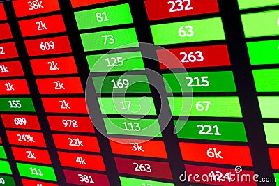 Board with financial data and numbers, displaying red and green tags