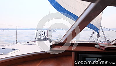 Boat porthole sailboat view blue ocean sea sky horizon