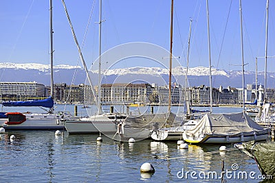 Boats in Lake Geneva, in Geneva Switzerland