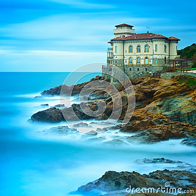 Boccale castle landmark on cliff rock and sea. Tuscany, Italy. L