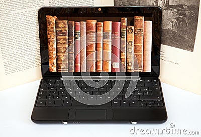 Books on laptop screen