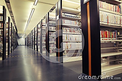 Books on shelf in library, library bookshelf with books, library bookcase