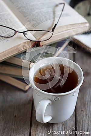 Books, tea and glasses