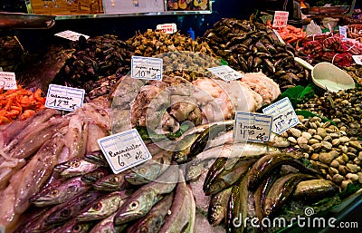 Boqueria fish market in Barcelona, Spain