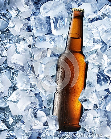 Bottle of beer in ice cubes.