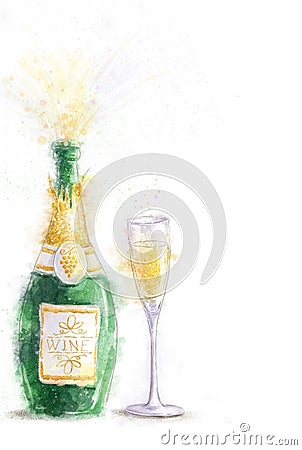 Bottle of champagne with splashes on white background with the glass.Party invitation. New Year.Happy Birthday. Champagne