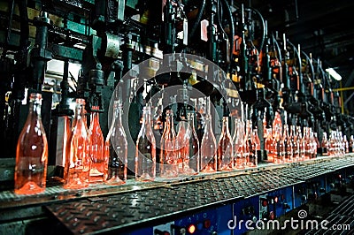 Bottle factory, row of glass bottles