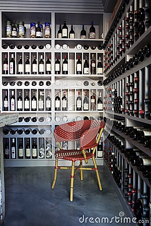 Bottles of wine on shelves in a wine store