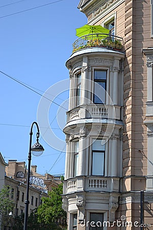 Bow window of old building, style Art Nouveau.