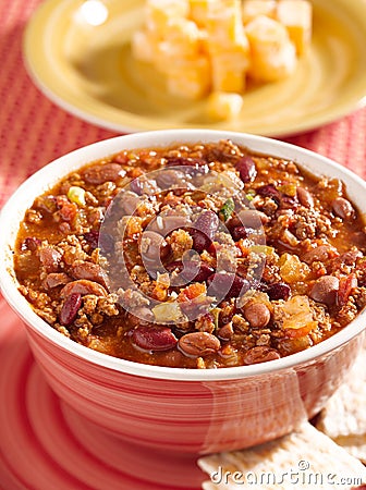 Bowl of chili with beans and beef closeup