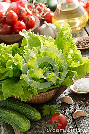 Bowl with fresh green salad, vegetables, spices and olive oil