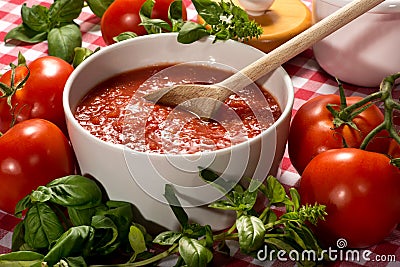 Bowl of fresh healthy homemade tomato puree