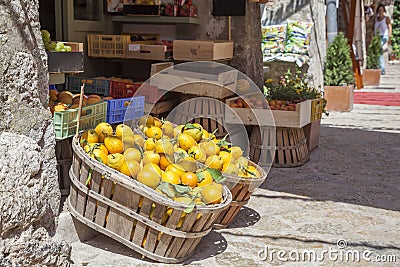 Boxes of lemons in a fruit shop