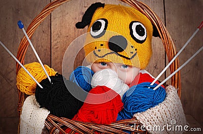 Boy in funny knitting hat