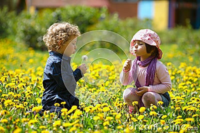 Boy and girl in summer flowers field