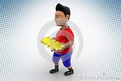 Boy Holding Golden Puzzle In Halftone Background