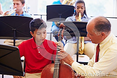 Boy Learning To Play Cello In High School Orchestra