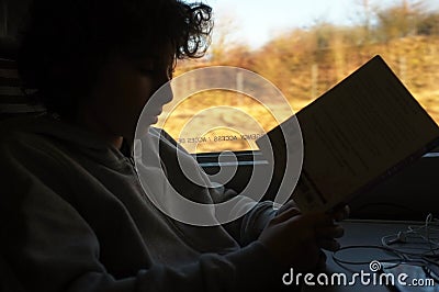 Boy reads a book on train journey
