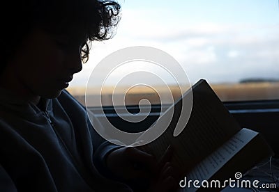 Boy reads a book on train journey