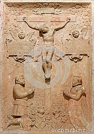 Bratislava - Relief of crucifixion. Detail from tomb stone in crypt under st. Ann chapel in st. Martin cathedral.