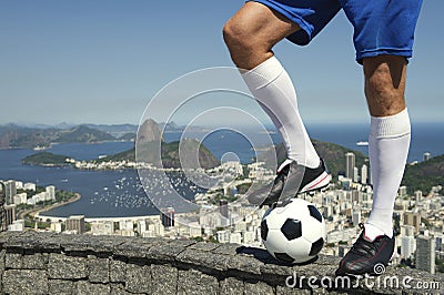 Brazilian Soccer Football Player Standing At Rio Skyline