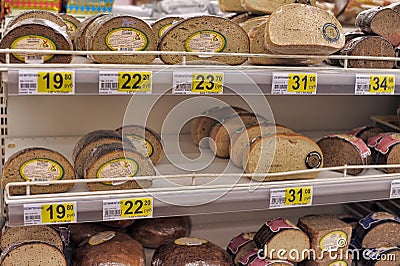 Bread for sale on a store shelves.