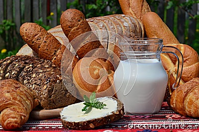 Breakfast baked rolls and fresh milk