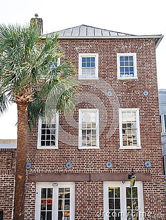 Brick Building by Palm Tree with Open Sign