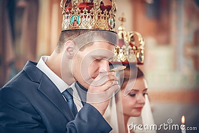 Bride and groom at the church during a wedding ceremony