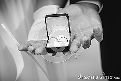 Bride and groom holding box with wedding rings