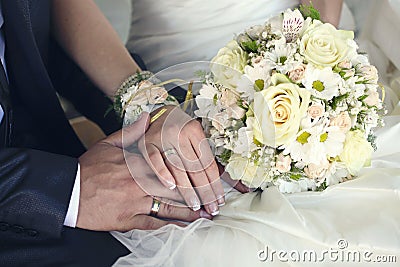 Bride and groom s hands with wedding rings