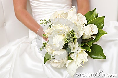 Brides White Floral Bouquet with Magnolia Leaves