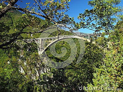 Bridge construction. Durdevica Tara arc bridge in the mountains,