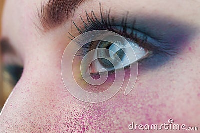 Bright colorful creative make-up on woman eye with powder on ski