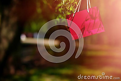 Bright colorful red pink bag hanging in the tree