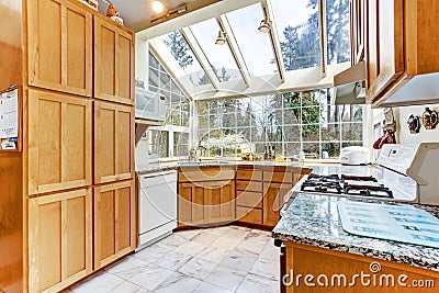 Bright kitchen room with glass wall and ceiling