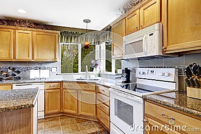 Bright kitchen room interior with white appliances