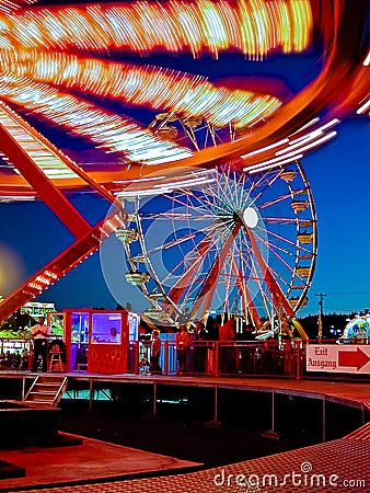 Bright lights on rides at amusement park