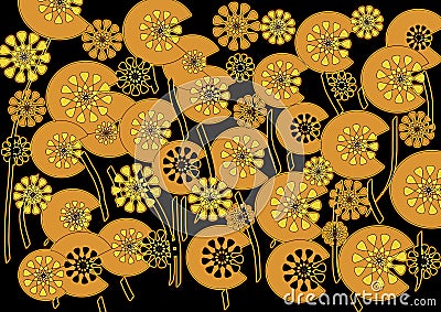 Bright modern abstract floral design on black background