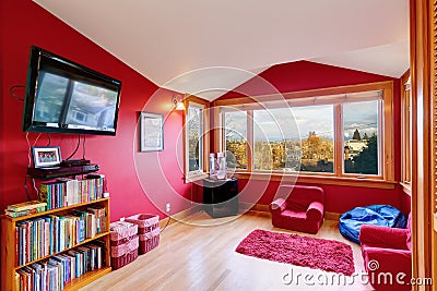 Bright red room with tv