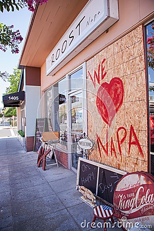 Boarded up window; earthquake We Love Napa