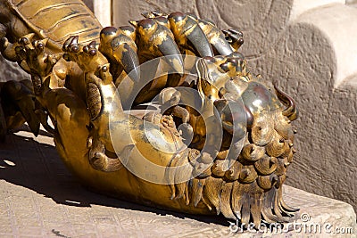 Bronze Chinese Guardian Lion Cub Statue In The Forbidden City In Beijing, China