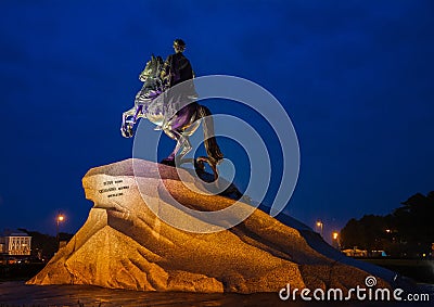 Bronze Horseman in the night rain, Saint-Petersburg, Russia